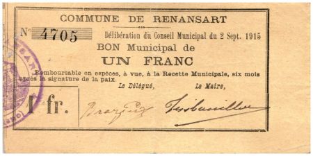France 1 Franc Renansart Commune - N4705 - 1915