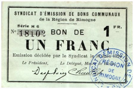 France 1 Franc Rimogne Commune - 1916