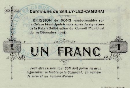 France 1 Franc Sailly-Lez-Cambrai - 1915