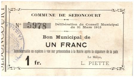 France 1 Franc Seboncourt Commune -31/03/1915