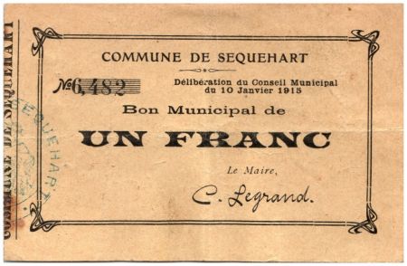 France 1 Franc Sequehart Commune - 10/01/1915