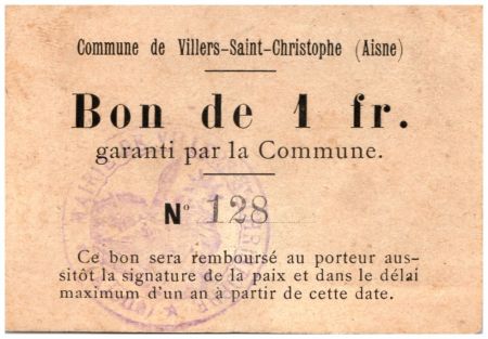 France 1 Franc Villers-Saint-Christophe Commune - 1915