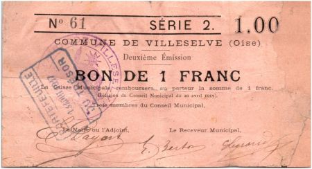 France 1 Franc Villeselve Ville - 1915