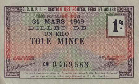 France 1 KG Tôle Mince , Bon de Matière O.C.R.P.I - Section des fontes, fers et aciers