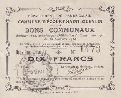 France 10 F Ecourt-Saint-Quentin émis 1914