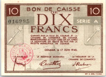 France 10 Francs , Colmar Chambre de Commerce, série A - 1940