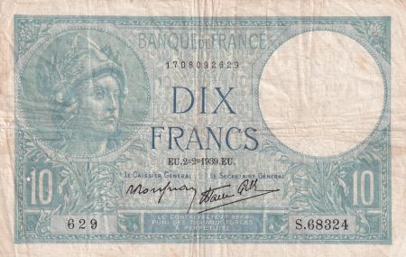 France 10 Francs - Minerve - 02-02-1939 - Série S.68324 - F.07.01