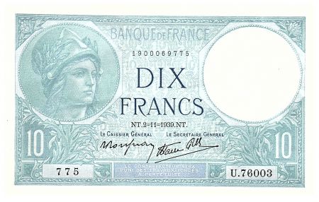France 10 Francs - Minerve - 02-11-1939 - Série U.76003 - Fay.07.14