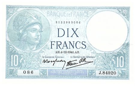 France 10 Francs - Minerve - 04.12.1941 - Série J.84920 - Fay.07.30