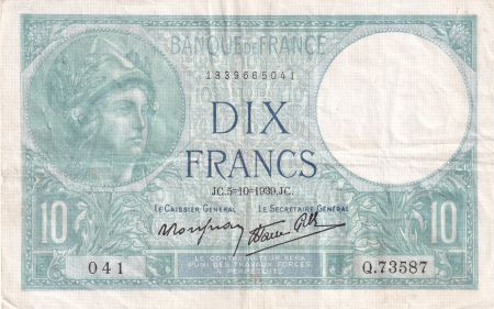 France 10 Francs - Minerve - 05-10-1939 - Série Q.73587 - F.07.10