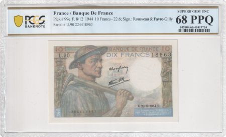 France 10 Francs - Mineur - 22-06-1944 - PCGS 68 PPQ