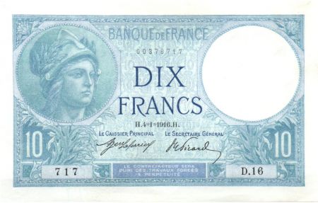 France 10 Francs  Minerve 04-01-1916 - Série D.16