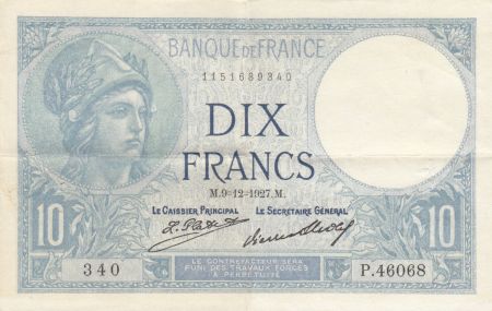 France 10 Francs  Minerve 09-12-1927 - Série P.46068 - SUP