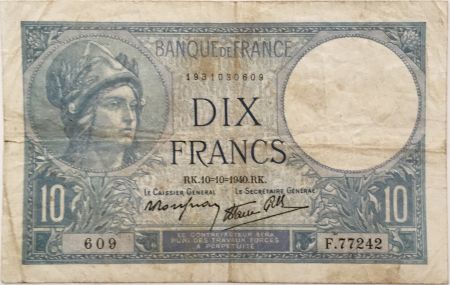 France 10 Francs  Minerve 10-10-1940 - Série F.77242 - TB+