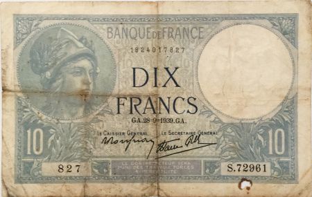 France 10 Francs  Minerve 26-09-1939 - Série S.72961 - TB