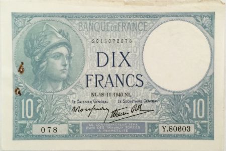 France 10 Francs  Minerve 28-11-1940 - Série Y.80603 - TTB