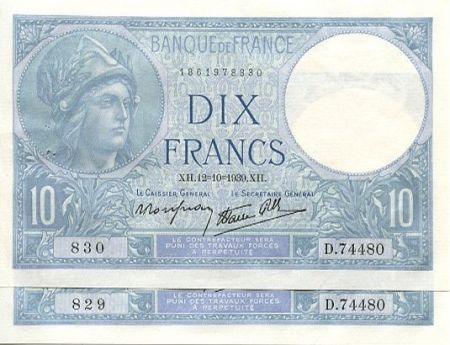 France 10 Francs, paire de n° consécutifs Minerve - 1939