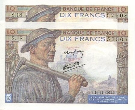 France 10 Francs, paire de n° consécutifs Mineur - 1942