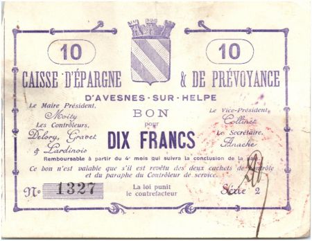 France 10 Francs Avesnes-Sur-Helpe Caisse d\'ép. prévoyance