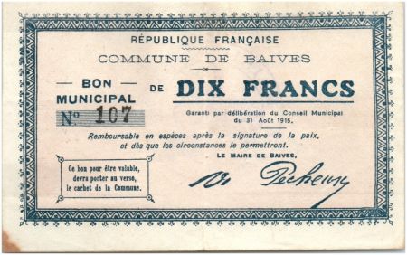 France 10 Francs Baives Commune - 1915
