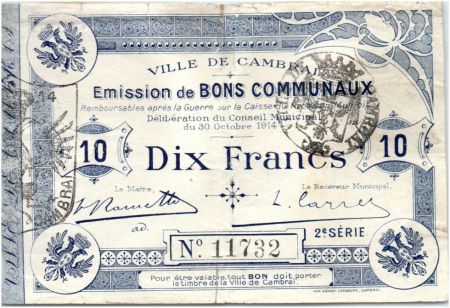 France 10 Francs Cambrai Commune - 1914