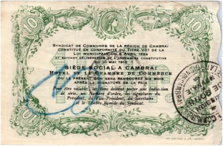 France 10 Francs Cambrai Commune - 1916