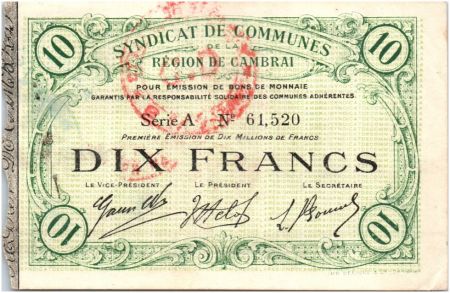 France 10 Francs Cambrai Commune - 1916