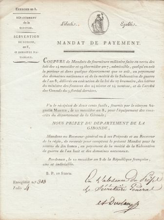 France 10 Francs Département de la Gironde - An 8 - Subvention de Guerre an 8 - 1799