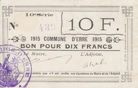 France 10 Francs Erre Commune - 1915