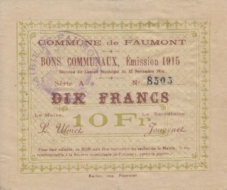 France 10 Francs Faumont Commune - 1915