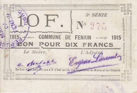 France 10 Francs Fenain Commune - 1915