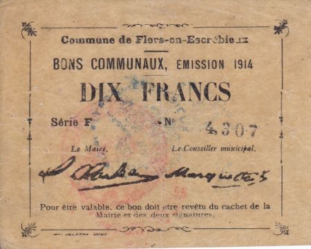 France 10 Francs Flers-En-Escrebieux Commune - 1914