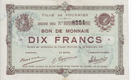 France 10 Francs Fourmies Commune - 1915