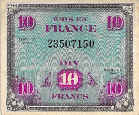 France 10 Francs Impr. américaine (drapeau) - 1944 Sans Série - TTB+