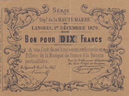 France 10 Francs Langres - 1870 - Haute Marne