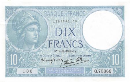 France 10 Francs Minerve - 02-11-1939 Série Q.75863 - SUP