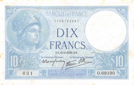 France 10 Francs Minerve - 06-04-1939 Série O.69190 - SUP