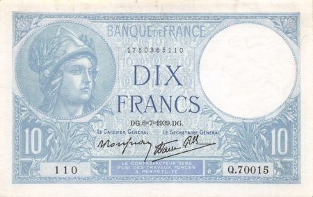 France 10 Francs Minerve - 06-07-1939 Série Q.70015 - TTB+