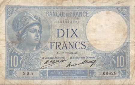 France 10 Francs Minerve - 07-07-1932 Série T.66628 - TB