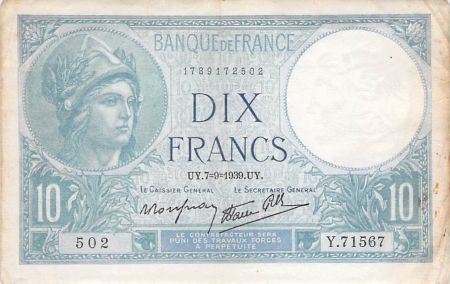 France 10 Francs Minerve - 07-09-1939 Série Y.71567 - PTTB