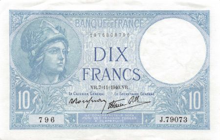France 10 Francs Minerve - 07-11-1940 Série J.79073 - TTB+