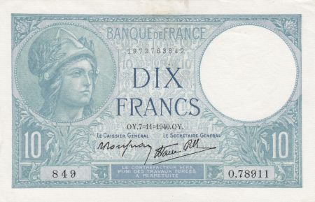 France 10 Francs Minerve - 07-11-1940 Série O.78911 - SUP