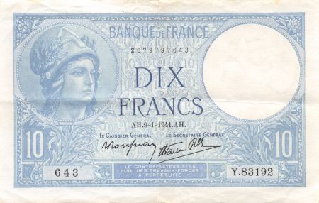 France 10 Francs Minerve - 09-11-1941 Série Y.83192 - PTTB