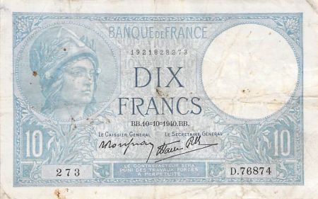 France 10 Francs Minerve - 10-10-1940 Série D.76874 - TB+