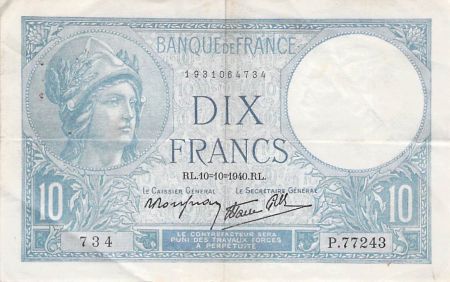 France 10 Francs Minerve - 10-10-1940 Série P.77243 - TTB