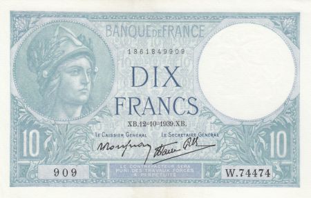 France 10 Francs Minerve - 12-10-1939 - Série W.74474