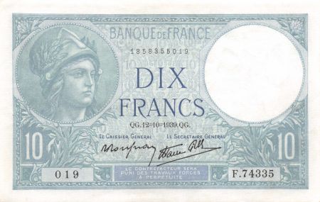 France 10 Francs Minerve - 12-10-1939 Série F.74335 - SUP