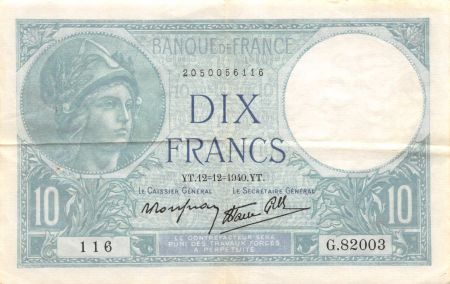 France 10 Francs Minerve - 12-12-1940 Série G.82003 - TTB