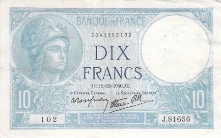 France 10 Francs Minerve - 12-12-1940 Série J.81656 - TTB