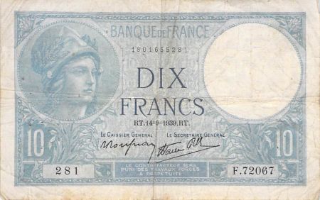 France 10 Francs Minerve - 14-09-1939 Série F.72067 - TB+